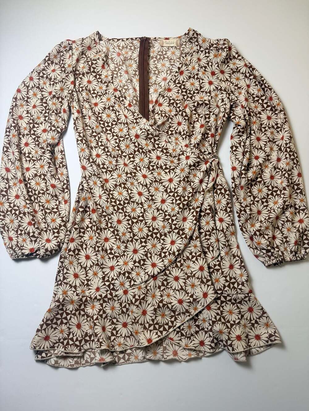 Altar’d State Women’s Brown Ivory Floral Wrap Mini Dress Long Sleeve Ruffle Sz S